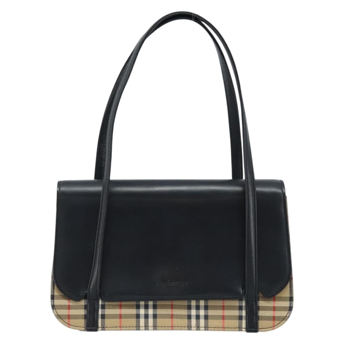 Burberrys Nova Check Hand Bag Leather Black Silver Auth ep13393