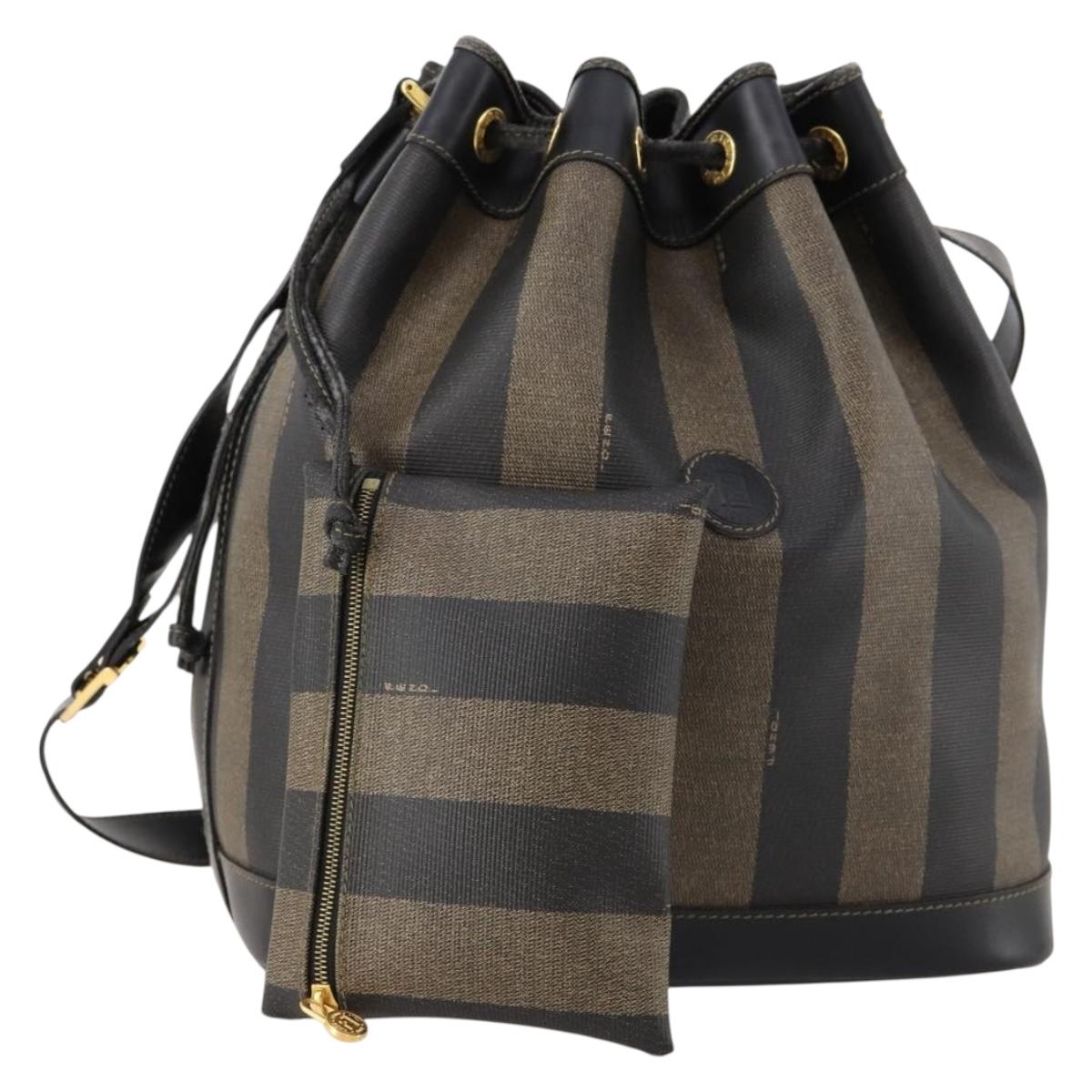 FENDI Pecan Canvas Shoulder Bag PVC Black Brown Auth ep13414