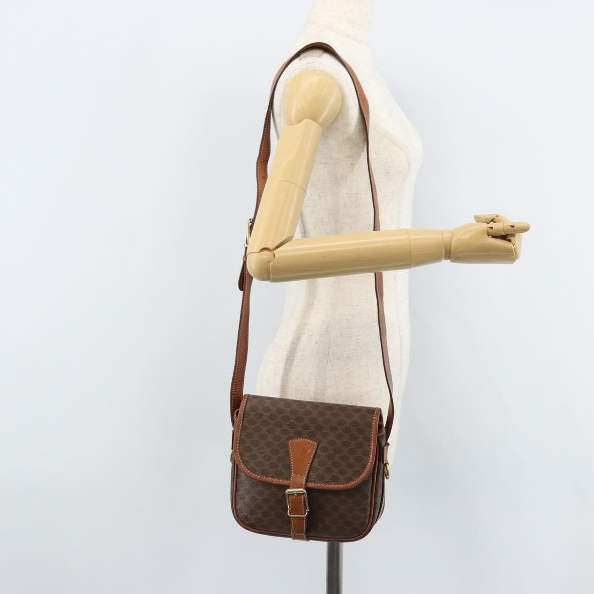 CELINE Macadam Canvas Shoulder Bag PVC Leather Brown Gold Auth ep13426