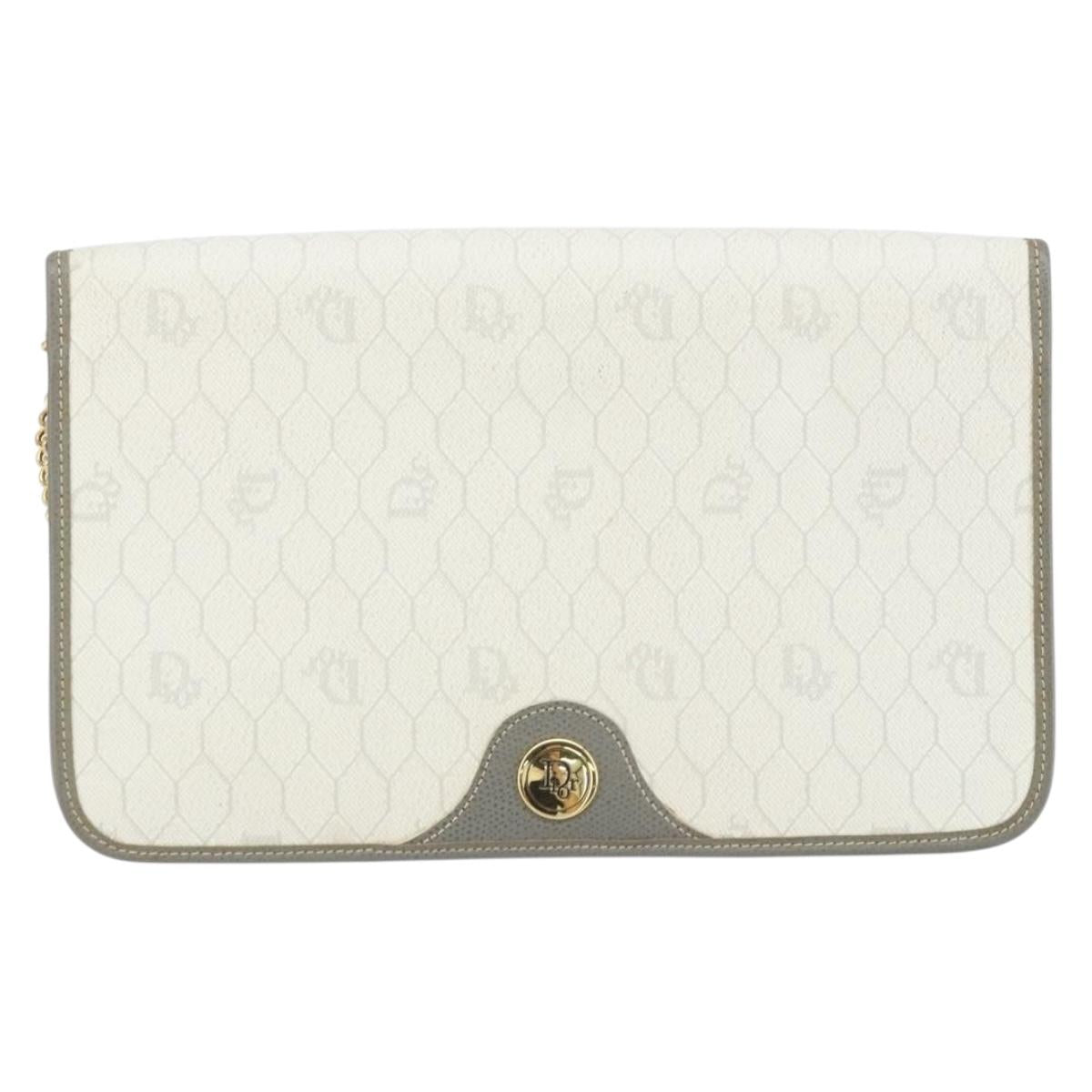 Christian Dior Honeycomb Canvas Chain Shoulder Bag PVC White Gold Auth ep13486