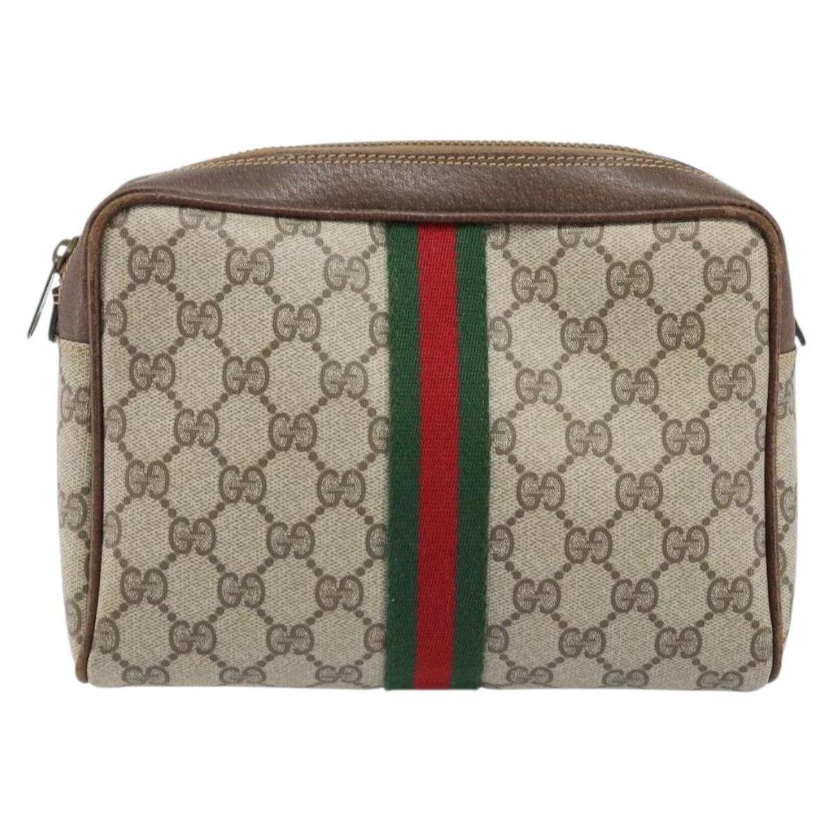 GUCCI GG Supreme Web Sherry Line Clutch Bag PVC Beige Gold Red Auth ep13569