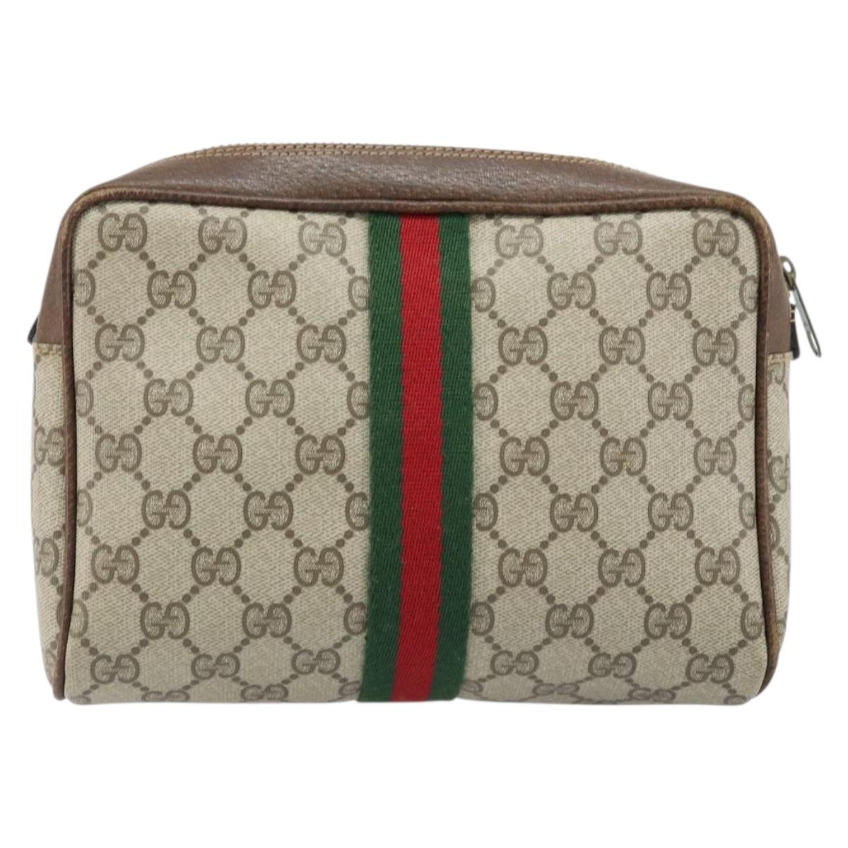 GUCCI GG Supreme Web Sherry Line Clutch Bag PVC Beige Gold Red Auth ep13569