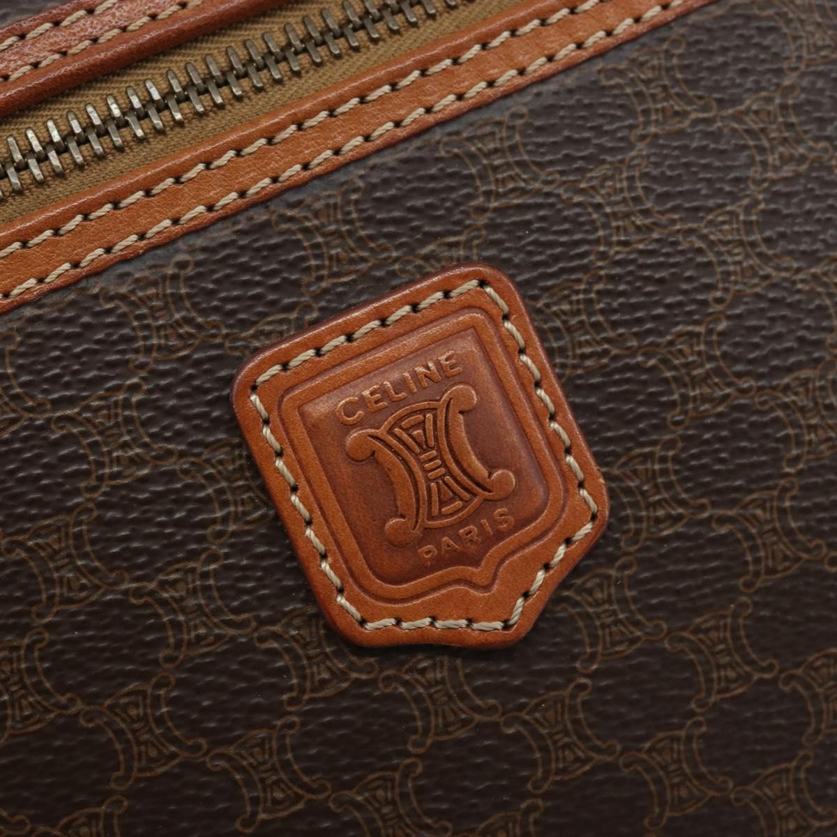 CELINE Macadam Canvas Vanity Hand Bag PVC Leather Brown Gold Auth ep13612