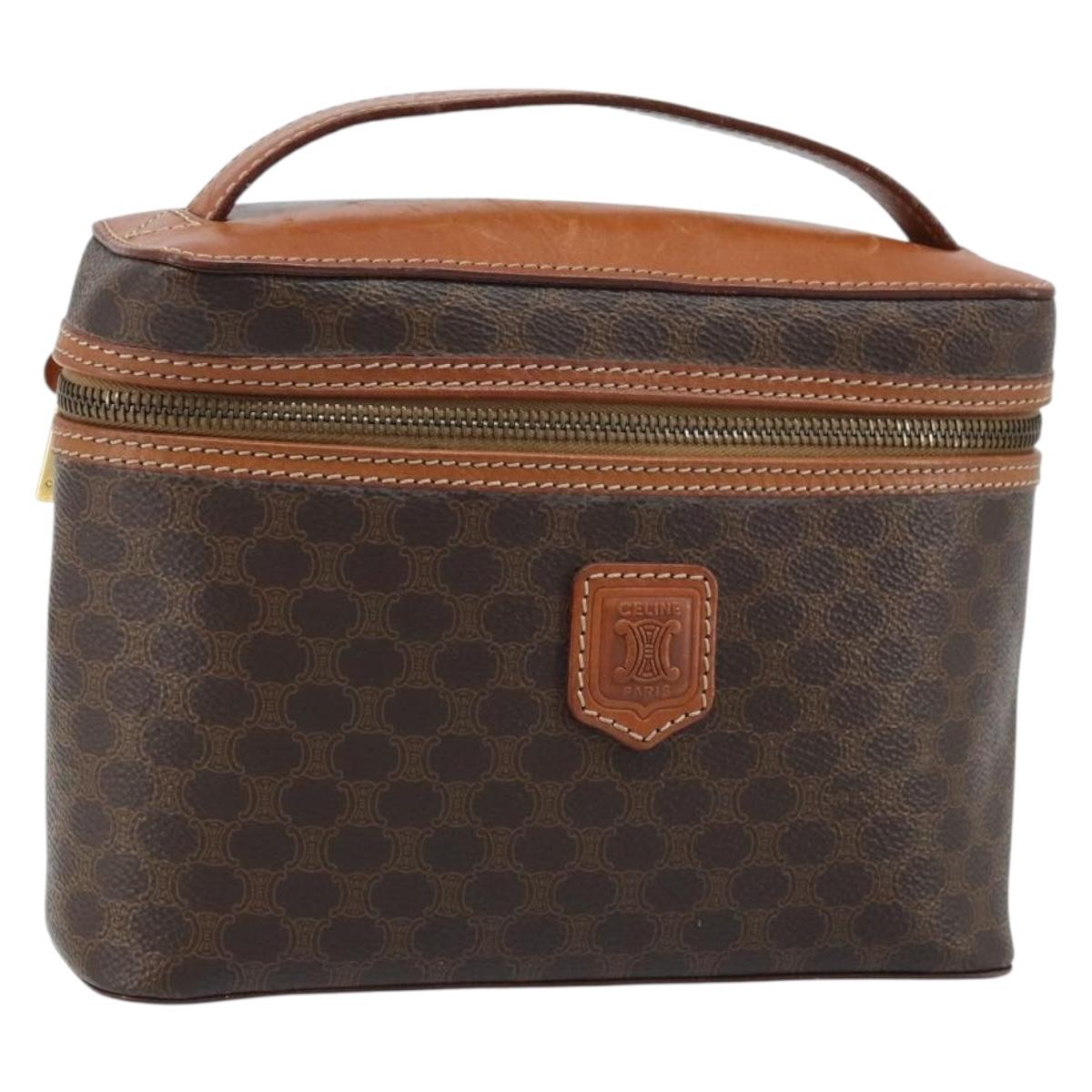 CELINE Macadam Canvas Vanity Hand Bag PVC Leather Brown Gold Auth ep13612