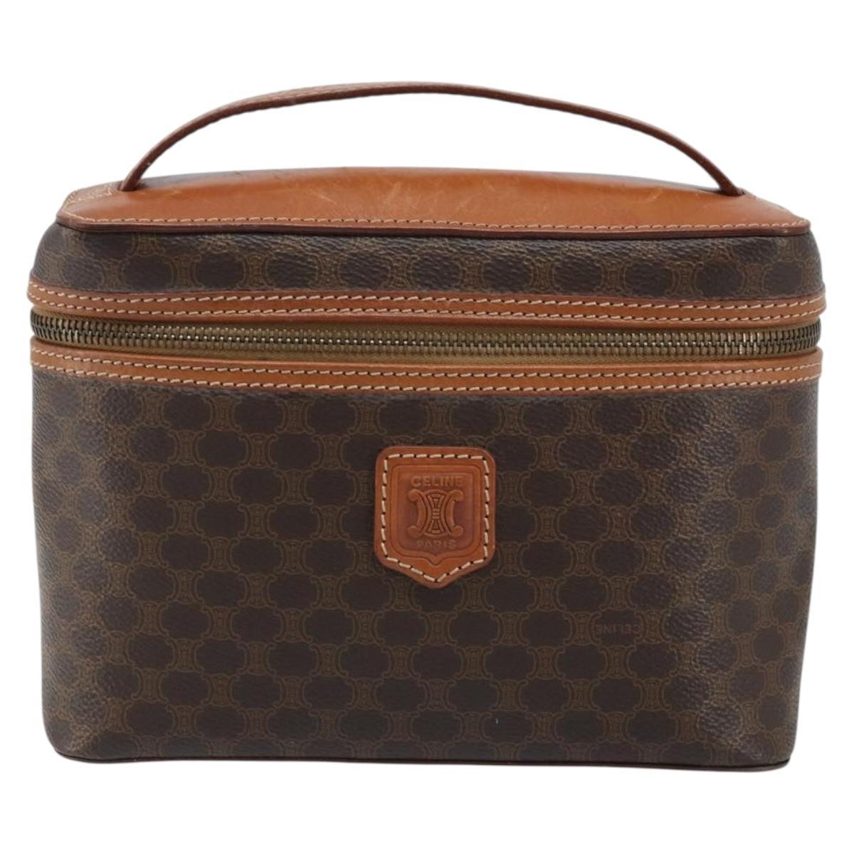 CELINE Macadam Canvas Vanity Hand Bag PVC Leather Brown Gold Auth ep13612