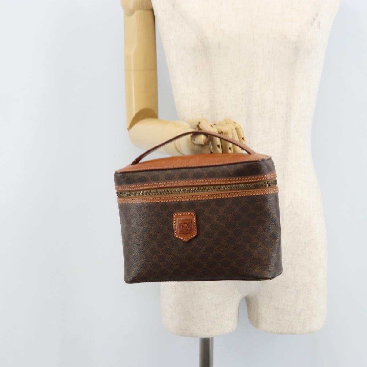 CELINE Macadam Canvas Vanity Hand Bag PVC Leather Brown Gold Auth ep13612