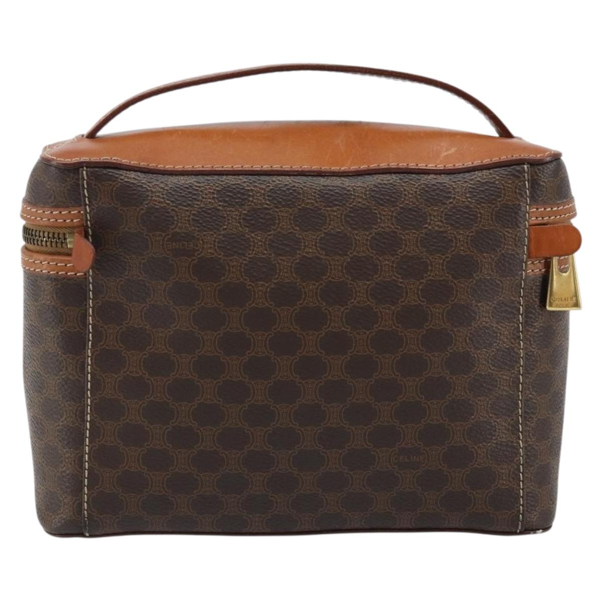 CELINE Macadam Canvas Vanity Hand Bag PVC Leather Brown Gold Auth ep13612
