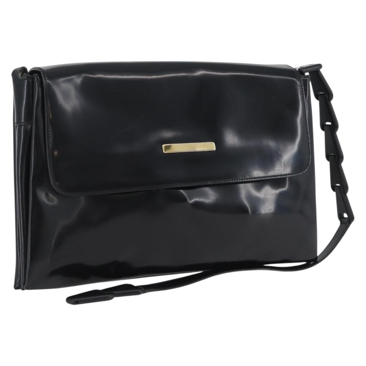 GUCCI Shoulder Bag Patent leather Black Gold Auth ep13648