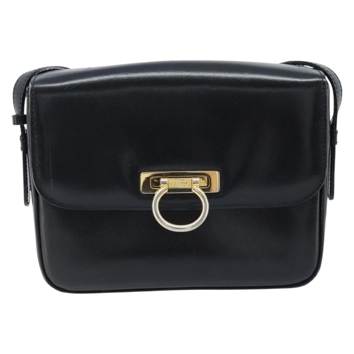 CELINE Gancini Shoulder Bag Leather Black Gold Auth ep13660