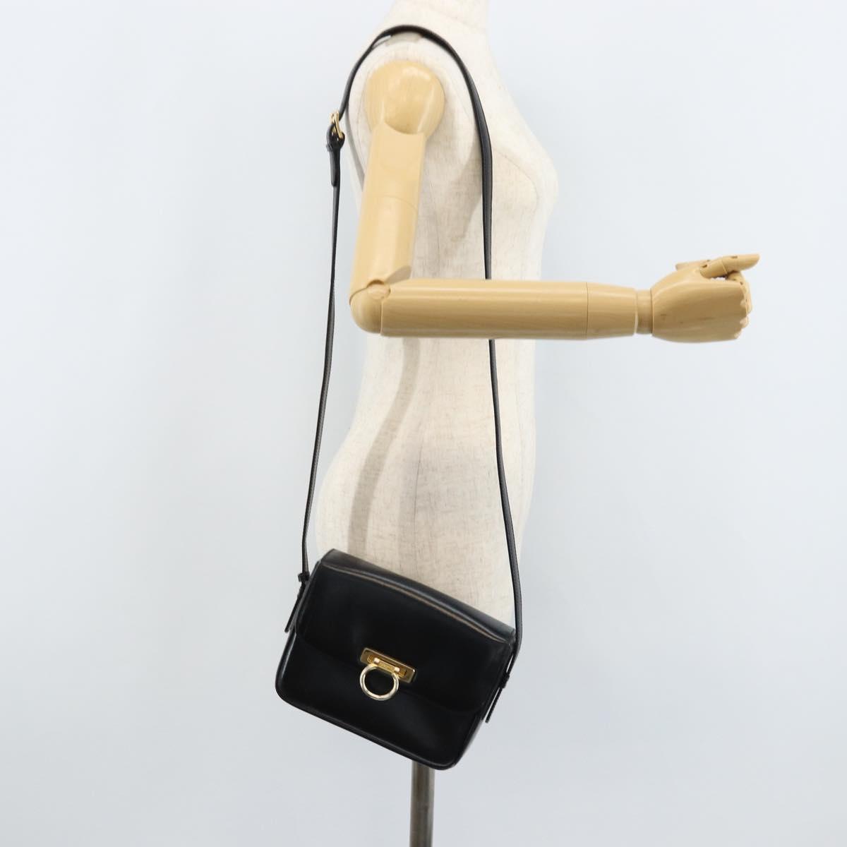 CELINE Gancini Shoulder Bag Leather Black Gold Auth ep13660