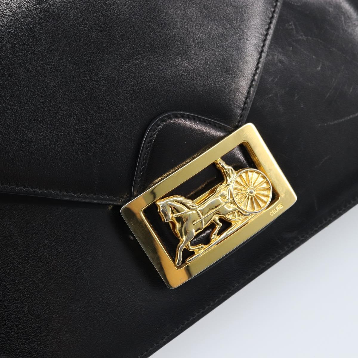 CELINE Horse Carriage Shoulder Bag Leather Black Gold Auth ep13665