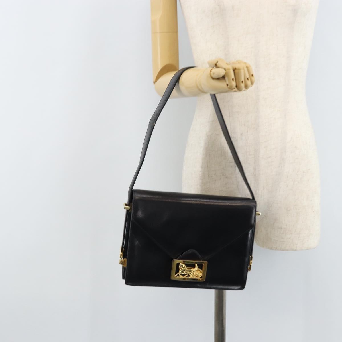 CELINE Horse Carriage Shoulder Bag Leather Black Gold Auth ep13665