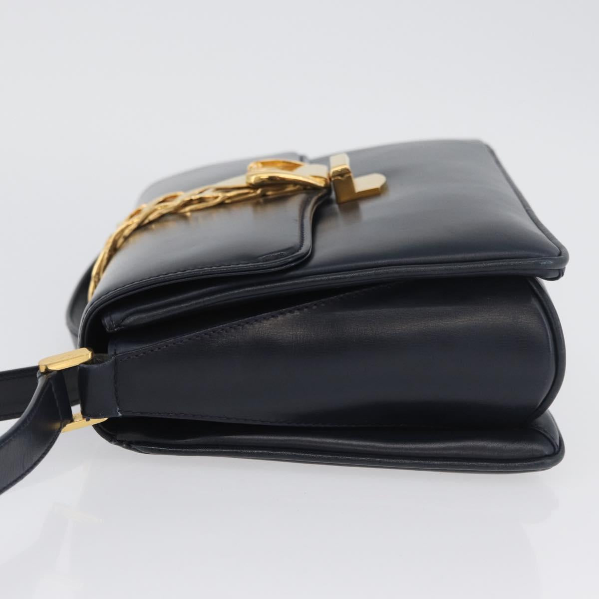 GUCCI Shoulder Bag Leather Navy Gold Auth ep13673