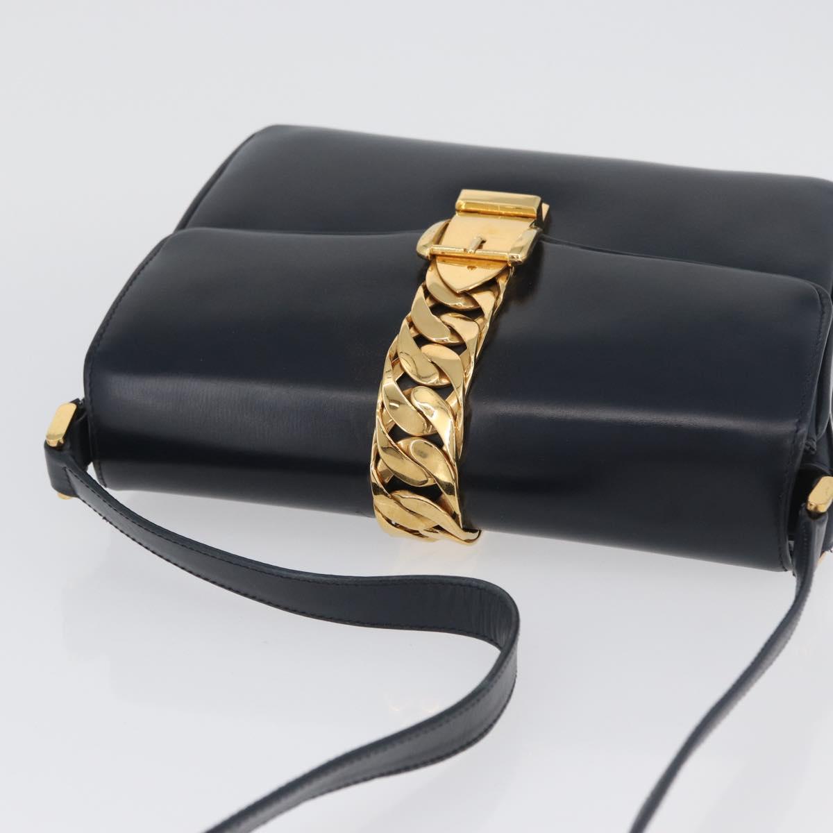 GUCCI Shoulder Bag Leather Navy Gold Auth ep13673