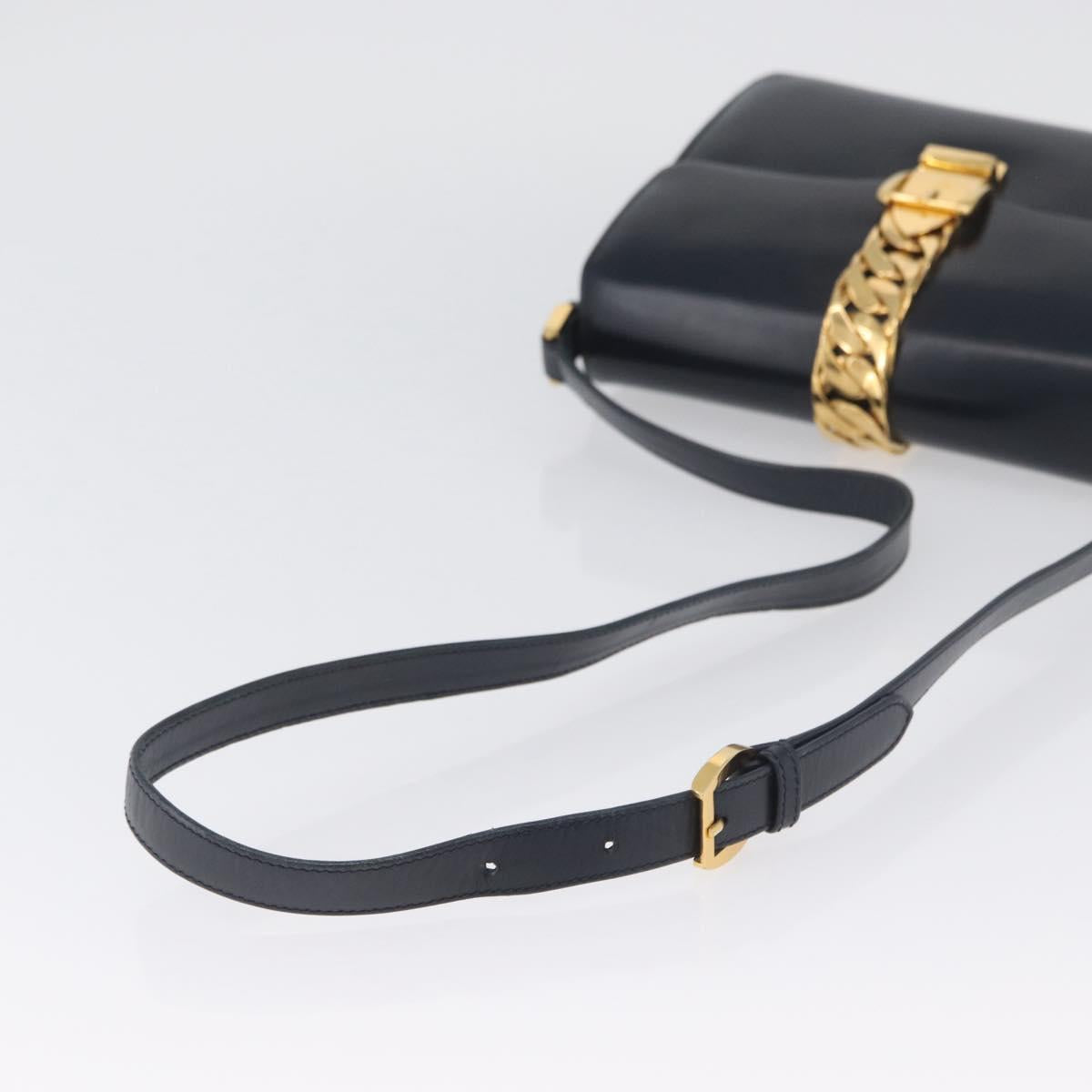 GUCCI Shoulder Bag Leather Navy Gold Auth ep13673