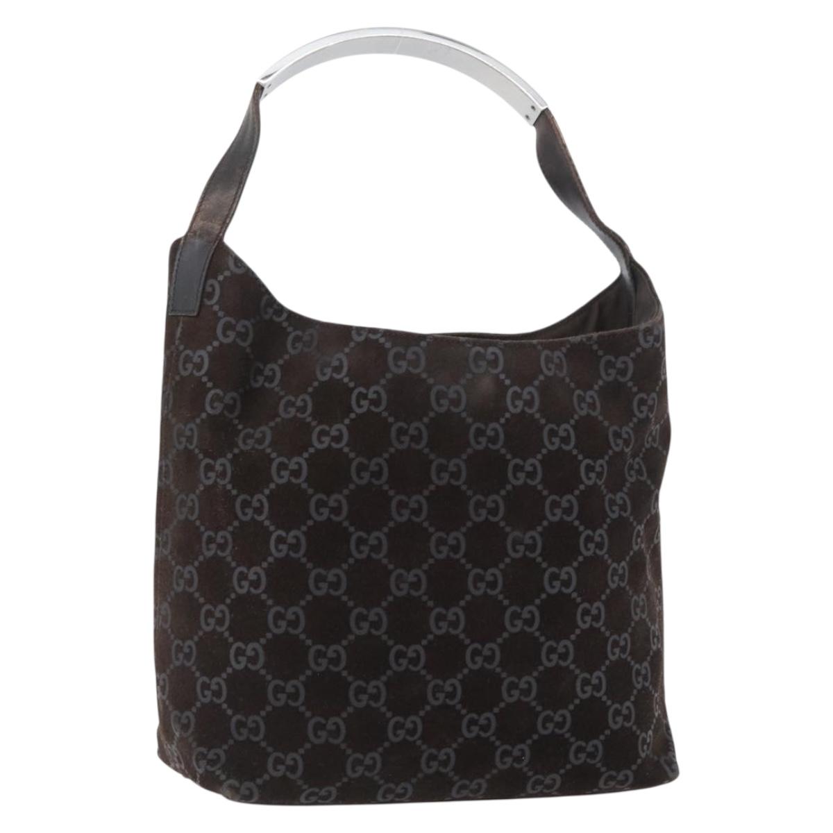 GUCCI GG Canvas Shoulder Bag Suede Dark Brown Silver 001 3298 Auth ep13716
