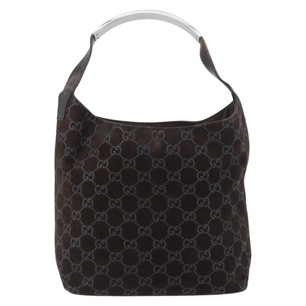 GUCCI GG Canvas Shoulder Bag Suede Dark Brown Silver 001 3298 Auth ep13716