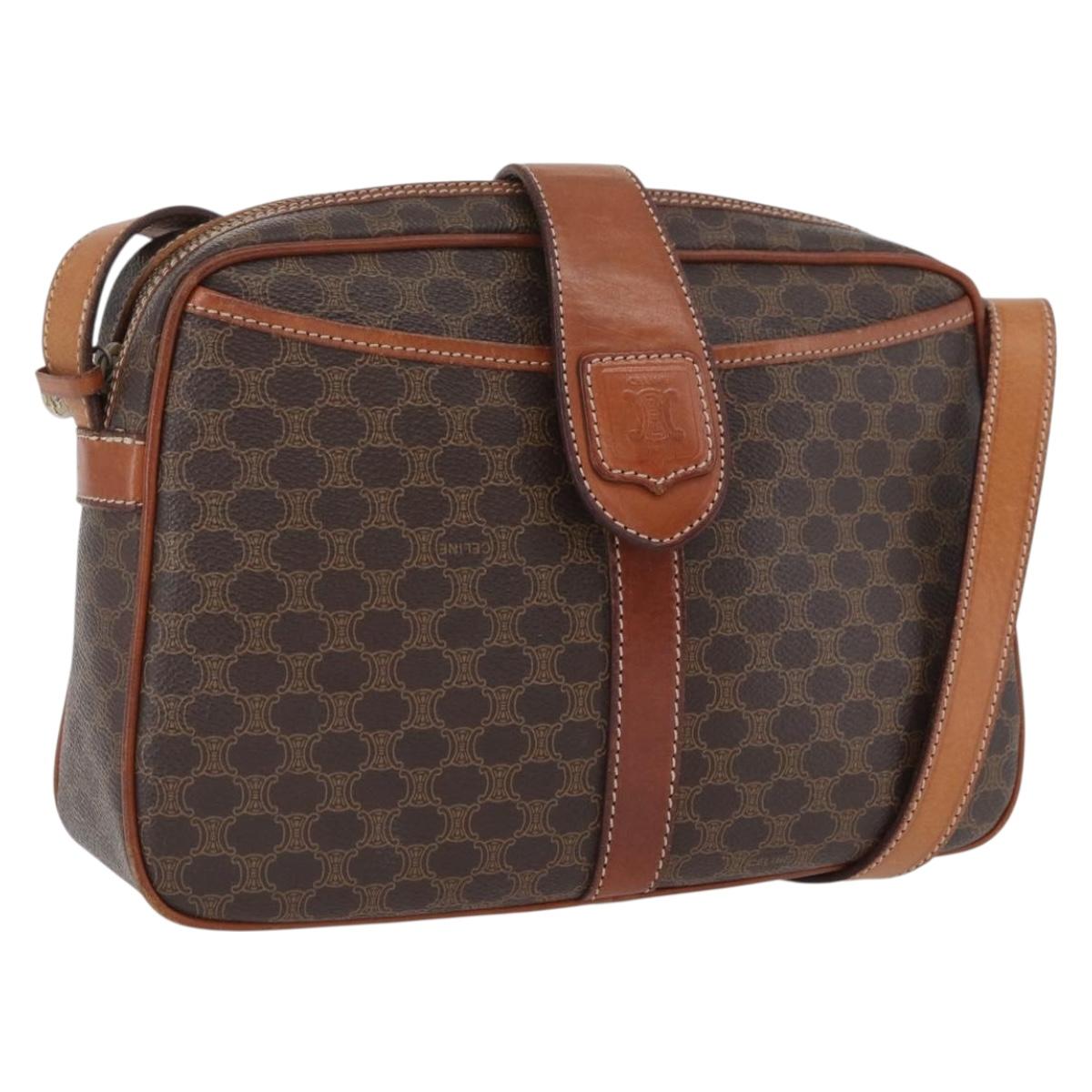CELINE Macadam Canvas Shoulder Bag PVC Leather Brown Gold Auth ep13731