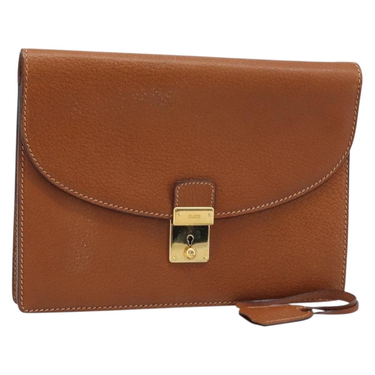 GUCCI Clutch Bag Leather Brown Gold Auth ep13771