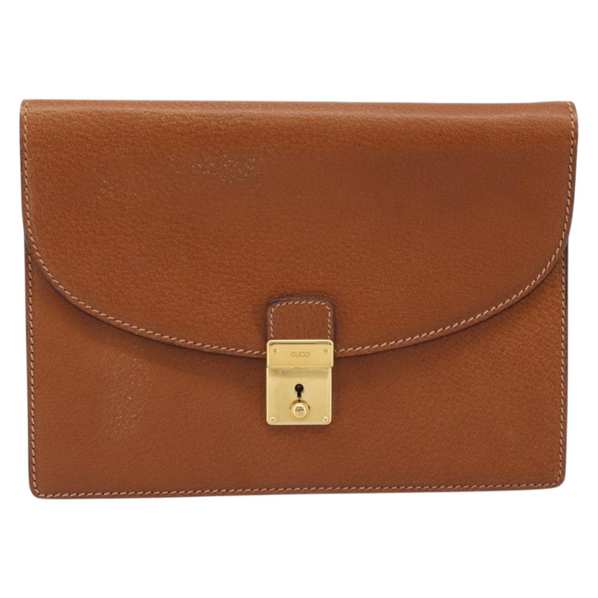 GUCCI Clutch Bag Leather Brown Gold Auth ep13771