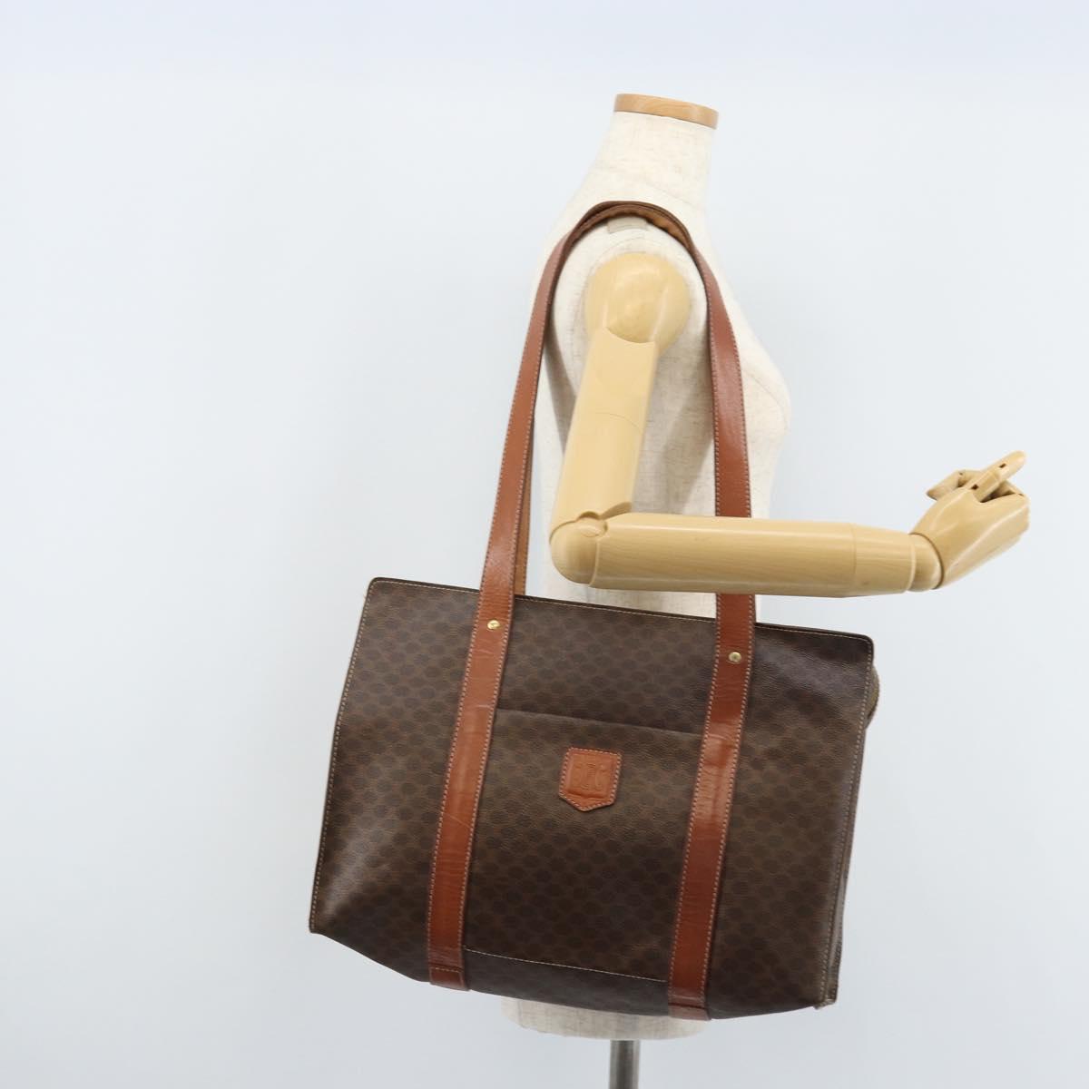 CELINE Macadam Canvas Tote Bag PVC Leather Brown Gold Auth ep13781