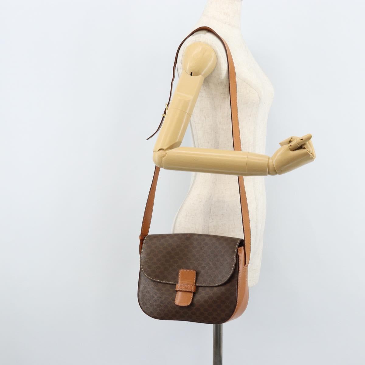 CELINE Macadam Canvas Shoulder Bag PVC Leather Brown Gold Auth ep13823A
