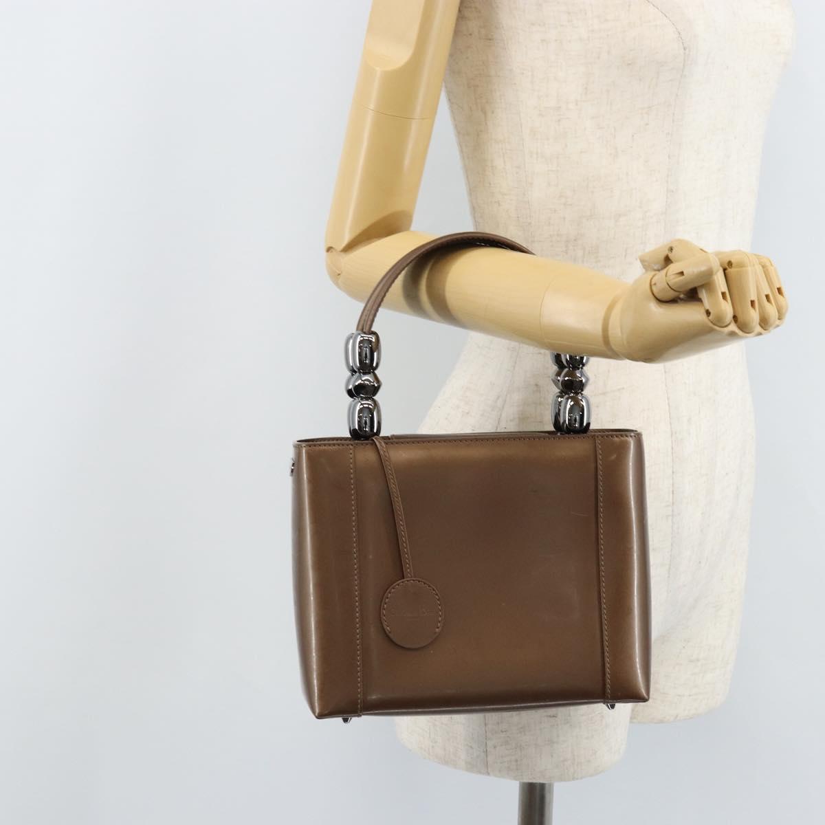 Christian Dior Maris Pearl Hand Bag Patent leather Brown Silver Auth ep13834