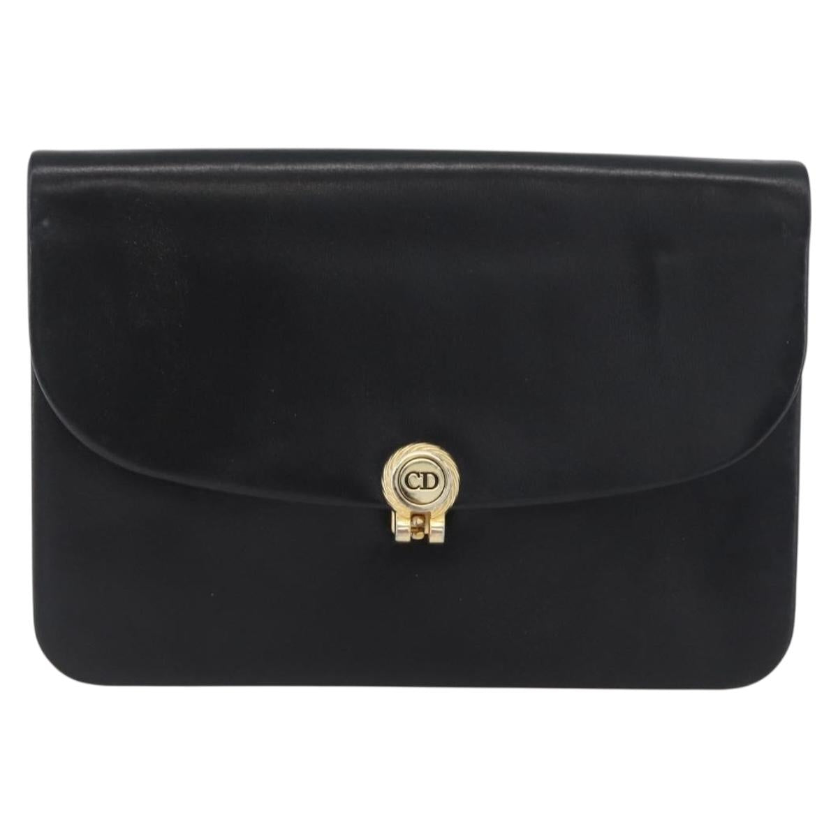 Christian Dior Chain Shoulder Bag Leather Black Gold Auth ep13853