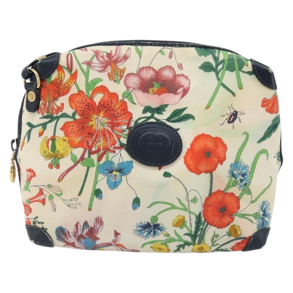 GUCCI Flora Shoulder Bag Canvas Leather White Gold 007 115 1093 Auth ep13906