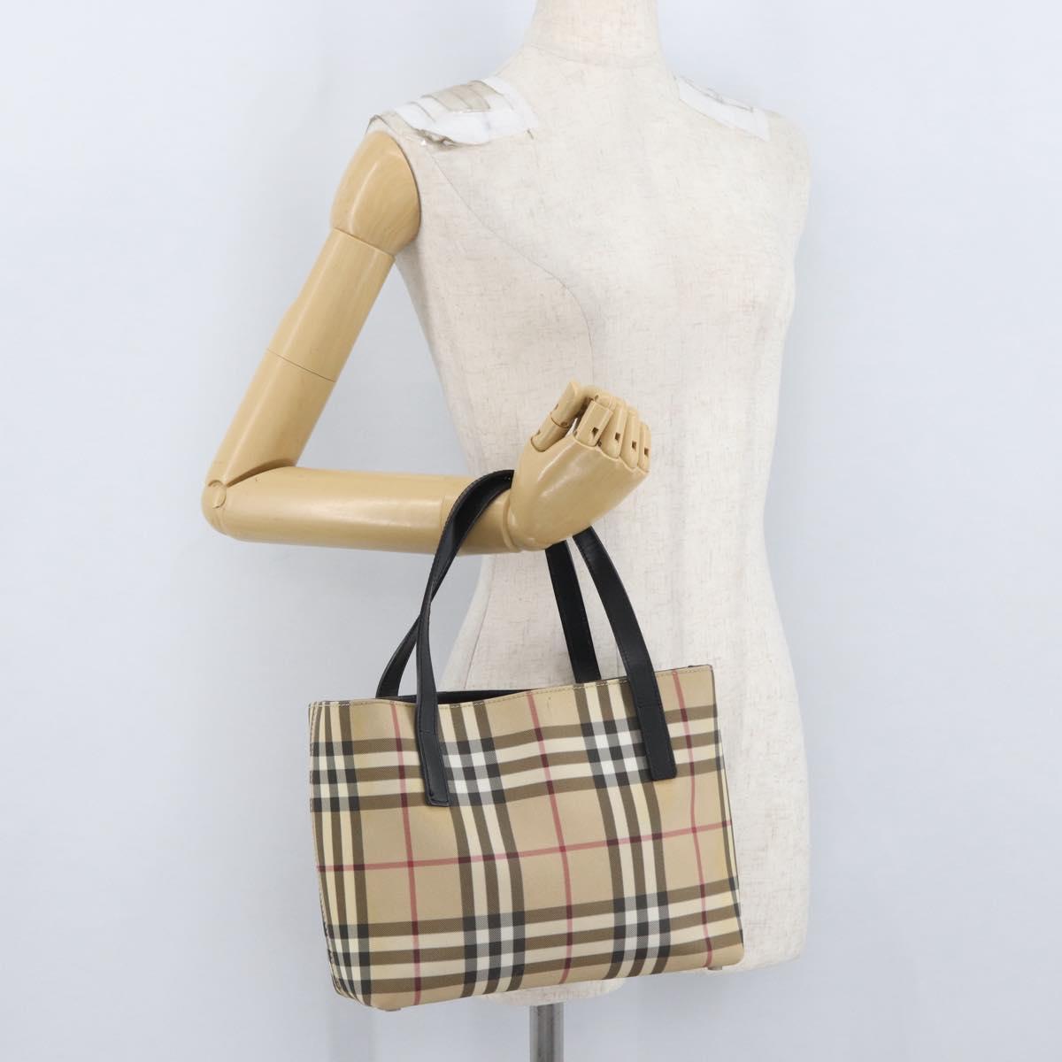 BURBERRY Nova Check Hand Bag PVC Beige Silver Auth ep13911