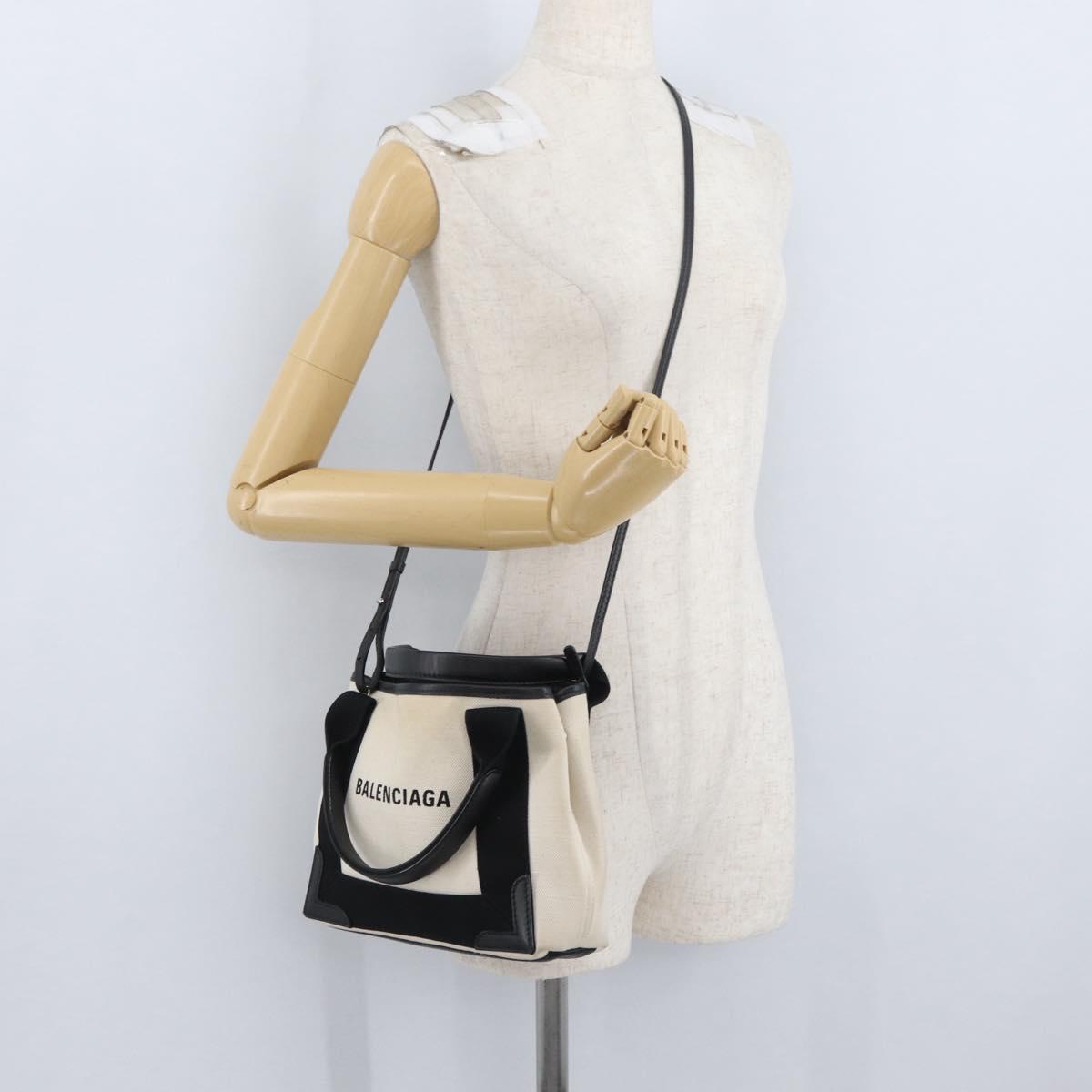 BALENCIAGA Navy Cabas XS Bag Canvas Leather White Navy 390346 Auth ep13935