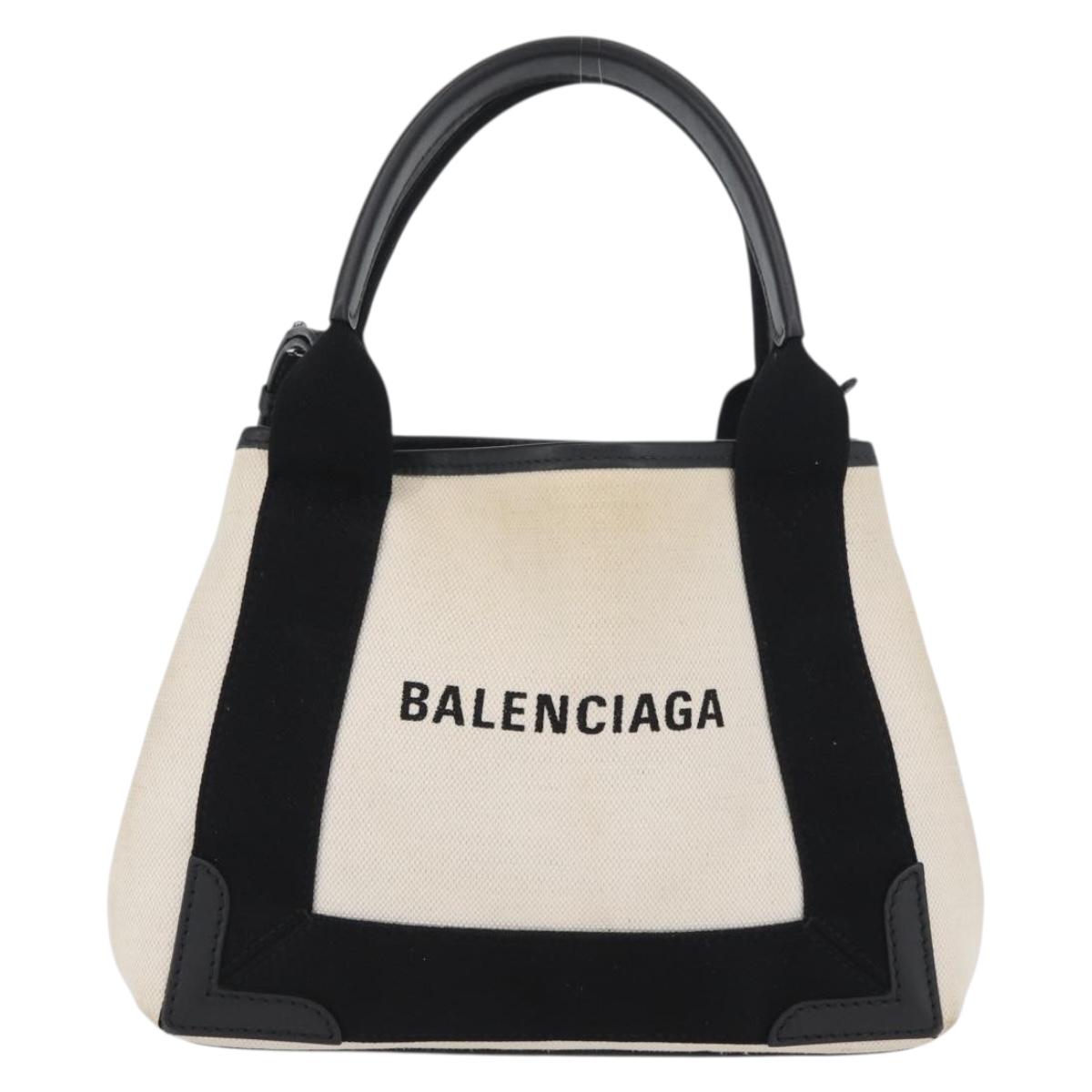 BALENCIAGA Navy Cabas XS Bag Canvas Leather White Navy 390346 Auth ep13935