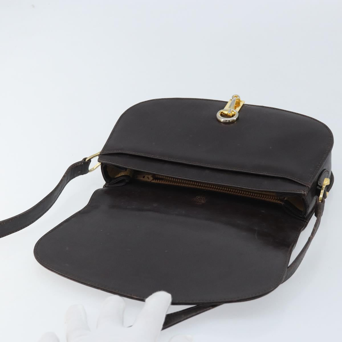GUCCI Horsebit Web Sherry Line Shoulder Bag Leather Dark Brown Gold Auth ep13957