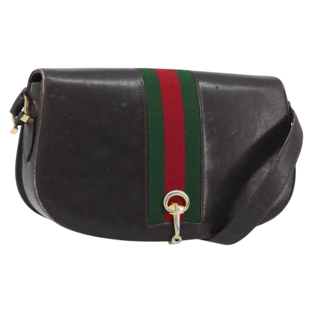GUCCI Horsebit Web Sherry Line Shoulder Bag Leather Dark Brown Gold Auth ep13957