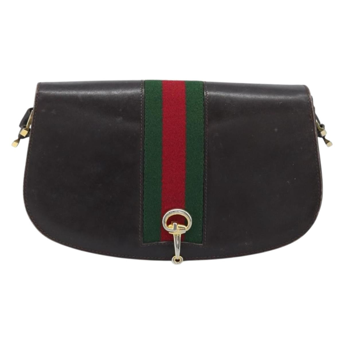 GUCCI Horsebit Web Sherry Line Shoulder Bag Leather Dark Brown Gold Auth ep13957