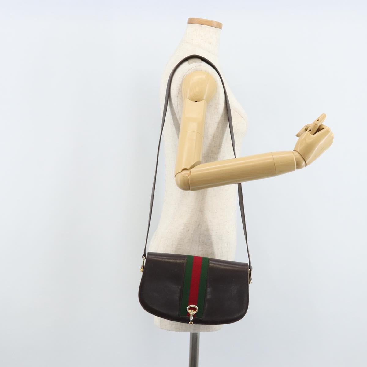 GUCCI Horsebit Web Sherry Line Shoulder Bag Leather Dark Brown Gold Auth ep13957