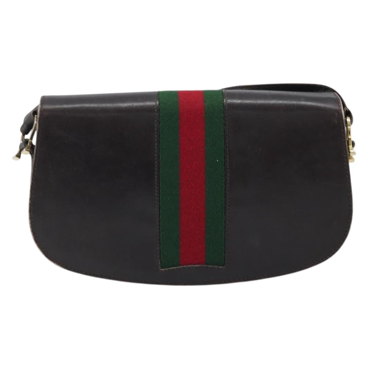 GUCCI Horsebit Web Sherry Line Shoulder Bag Leather Dark Brown Gold Auth ep13957