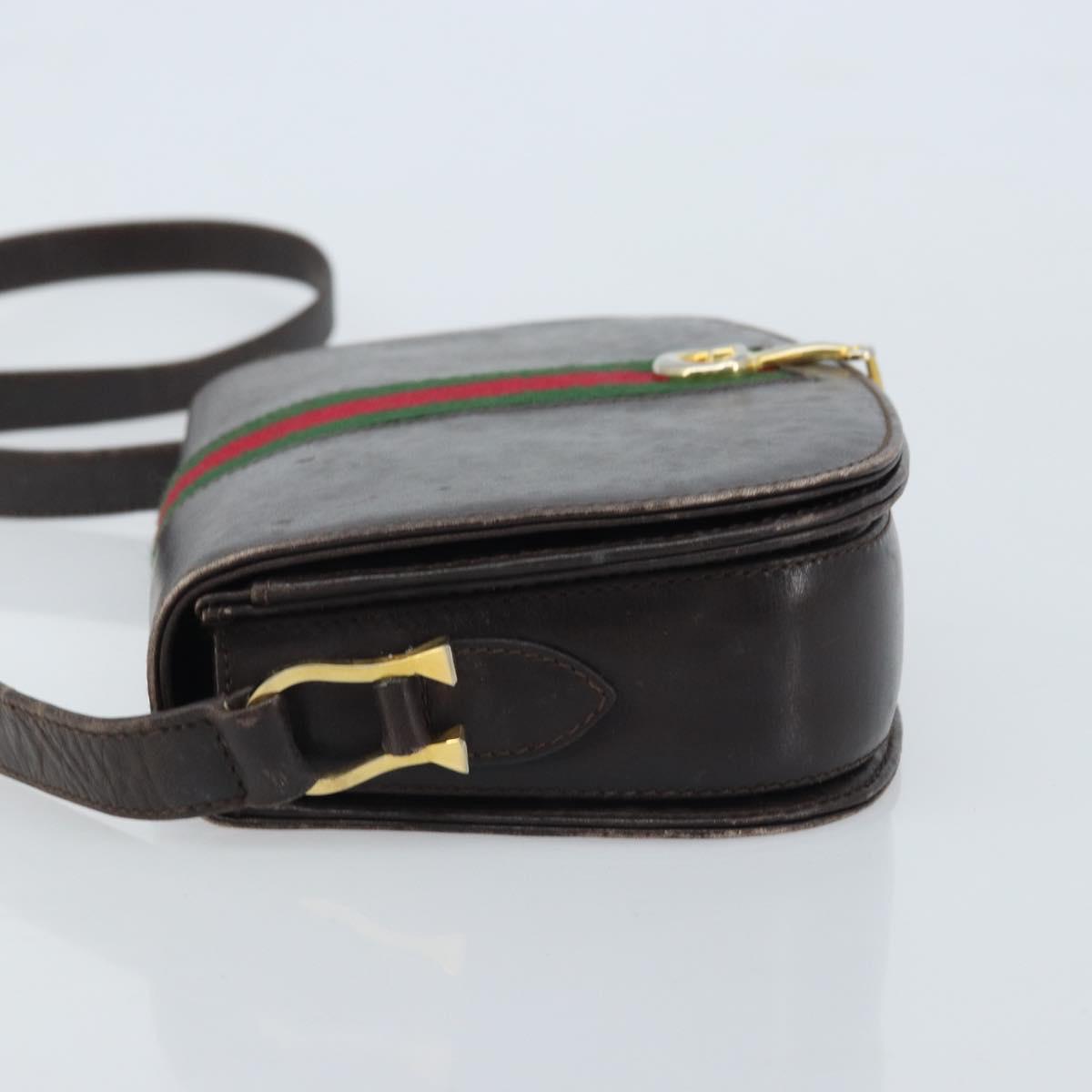 GUCCI Horsebit Web Sherry Line Shoulder Bag Leather Dark Brown Gold Auth ep13957