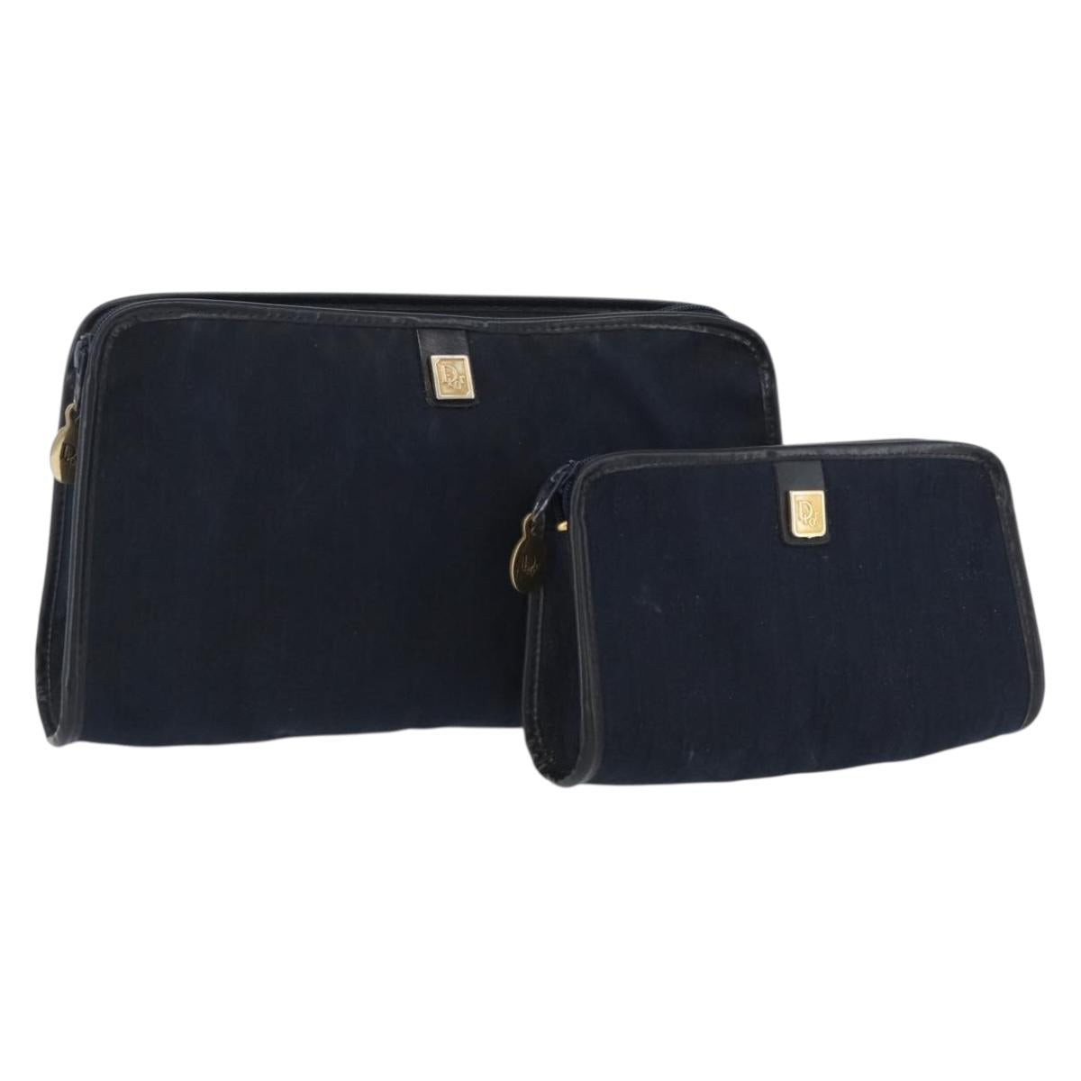 Christian Dior Trotter Canvas Clutch Bag 2 Set Navy Gold Auth ep13971