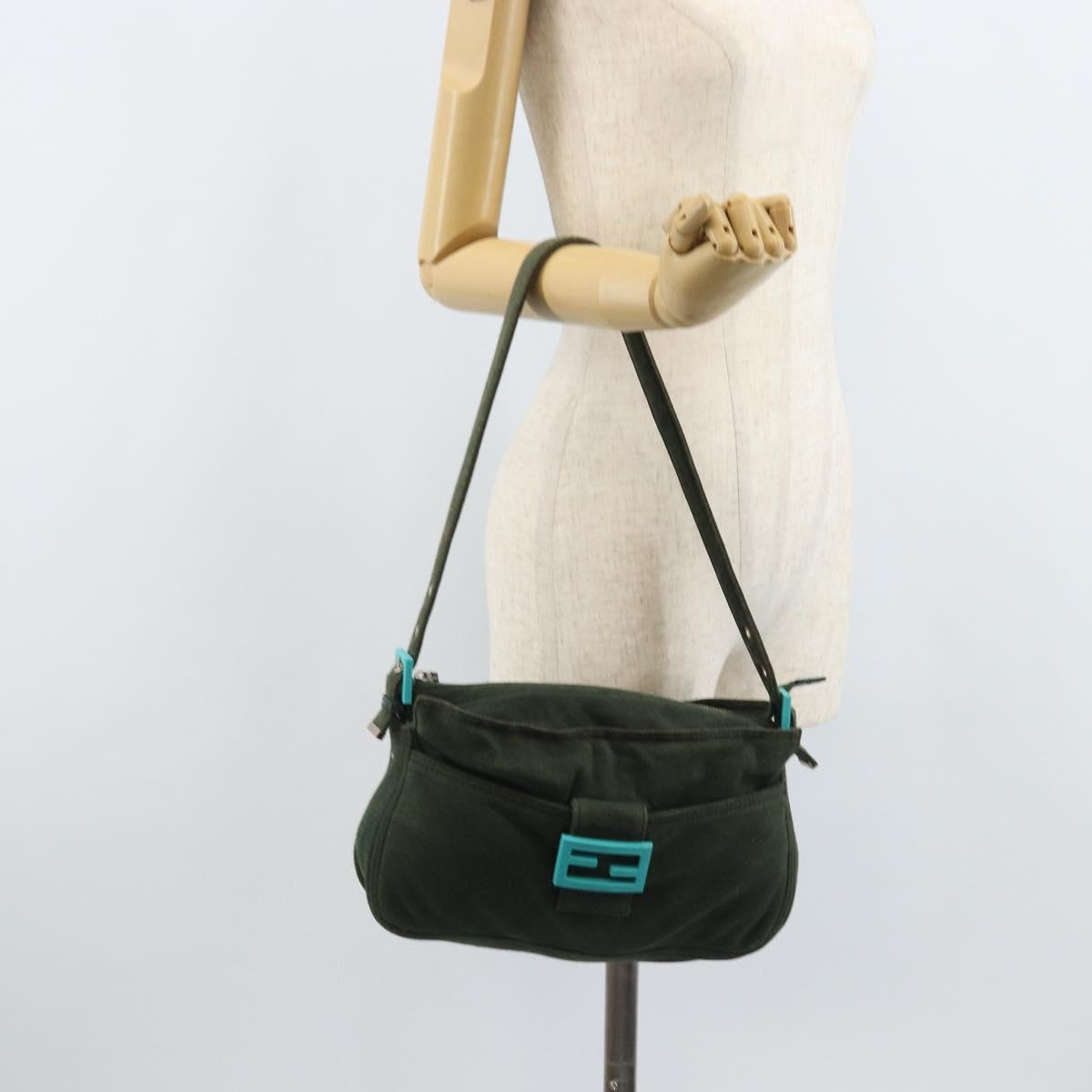 FENDI Mamma Baguette Hand Bag Cotton Green Silver Auth ep13976