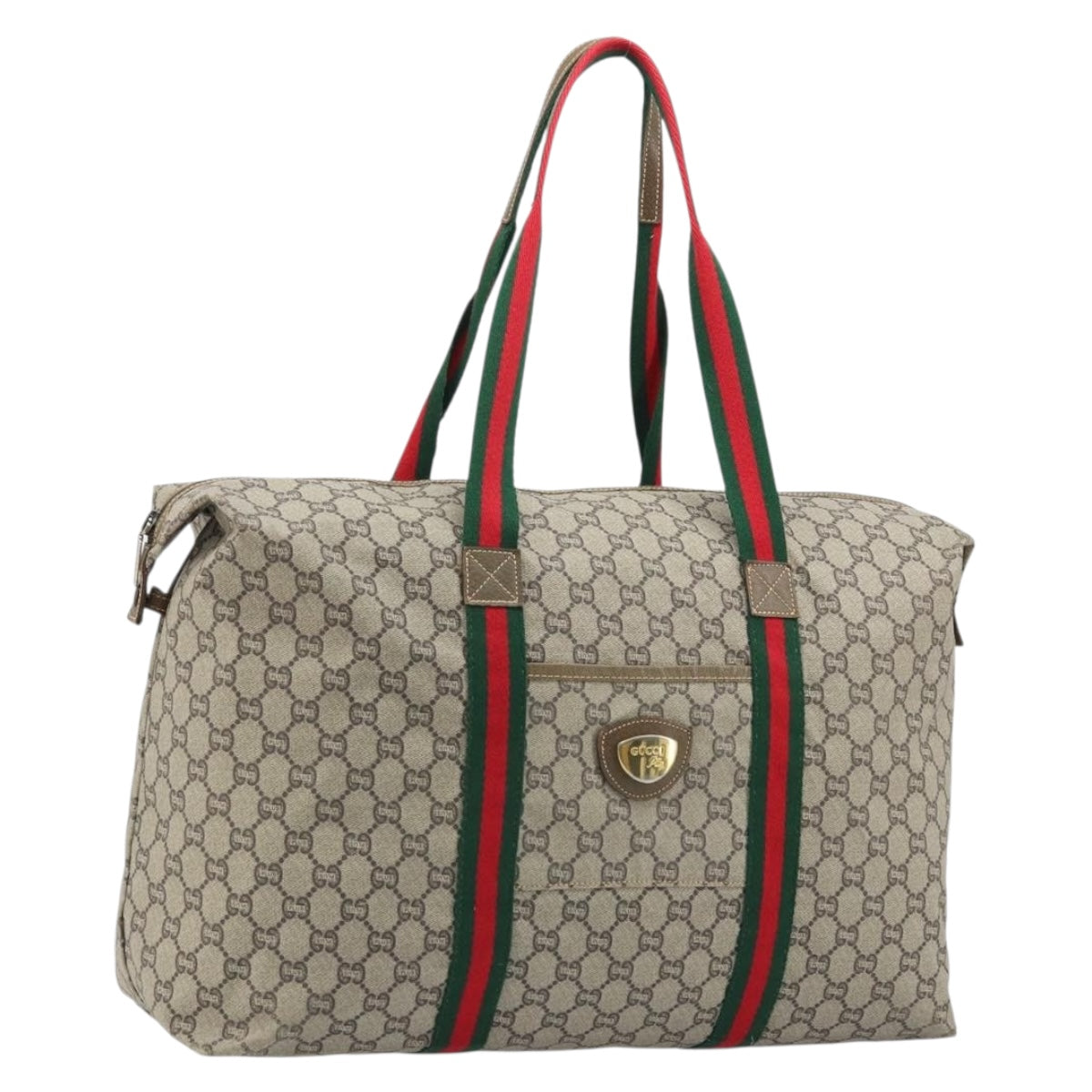 GUCCI GG Plus Supreme Web Sherry Line Tote Bag PVC Beige Gold Auth ep13980