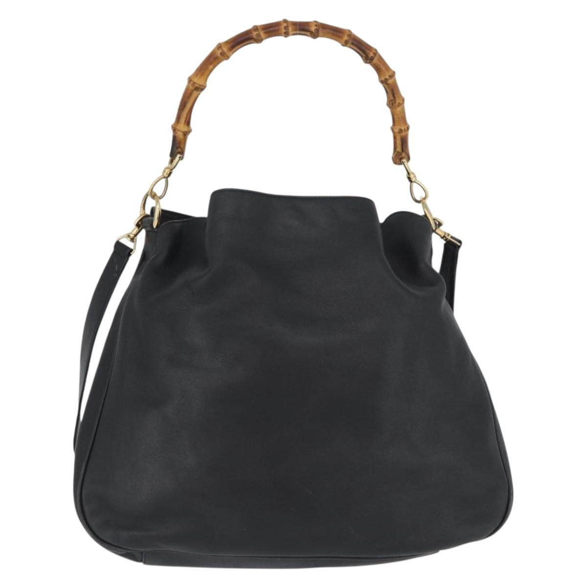 GUCCI Bamboo Hand Bag Leather 2way Black Gold 001 3754 1577 Auth ep13982