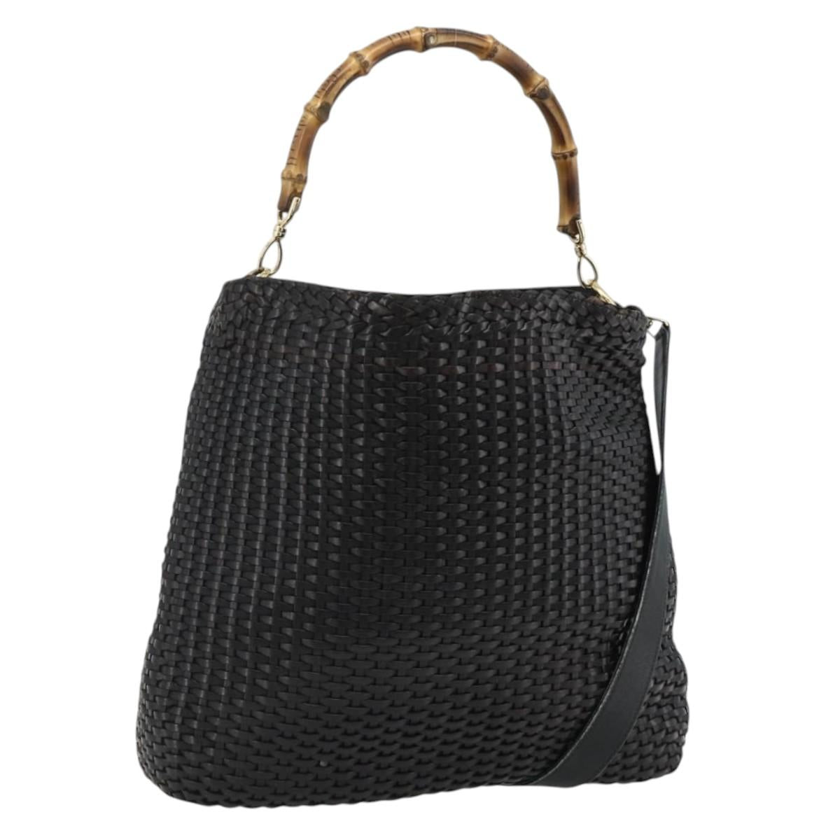 GUCCI Bamboo Hand Bag Leather 2way Black Gold 001 2404 1577 Auth ep14012