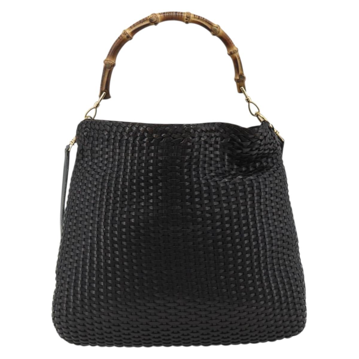GUCCI Bamboo Hand Bag Leather 2way Black Gold 001 2404 1577 Auth ep14012