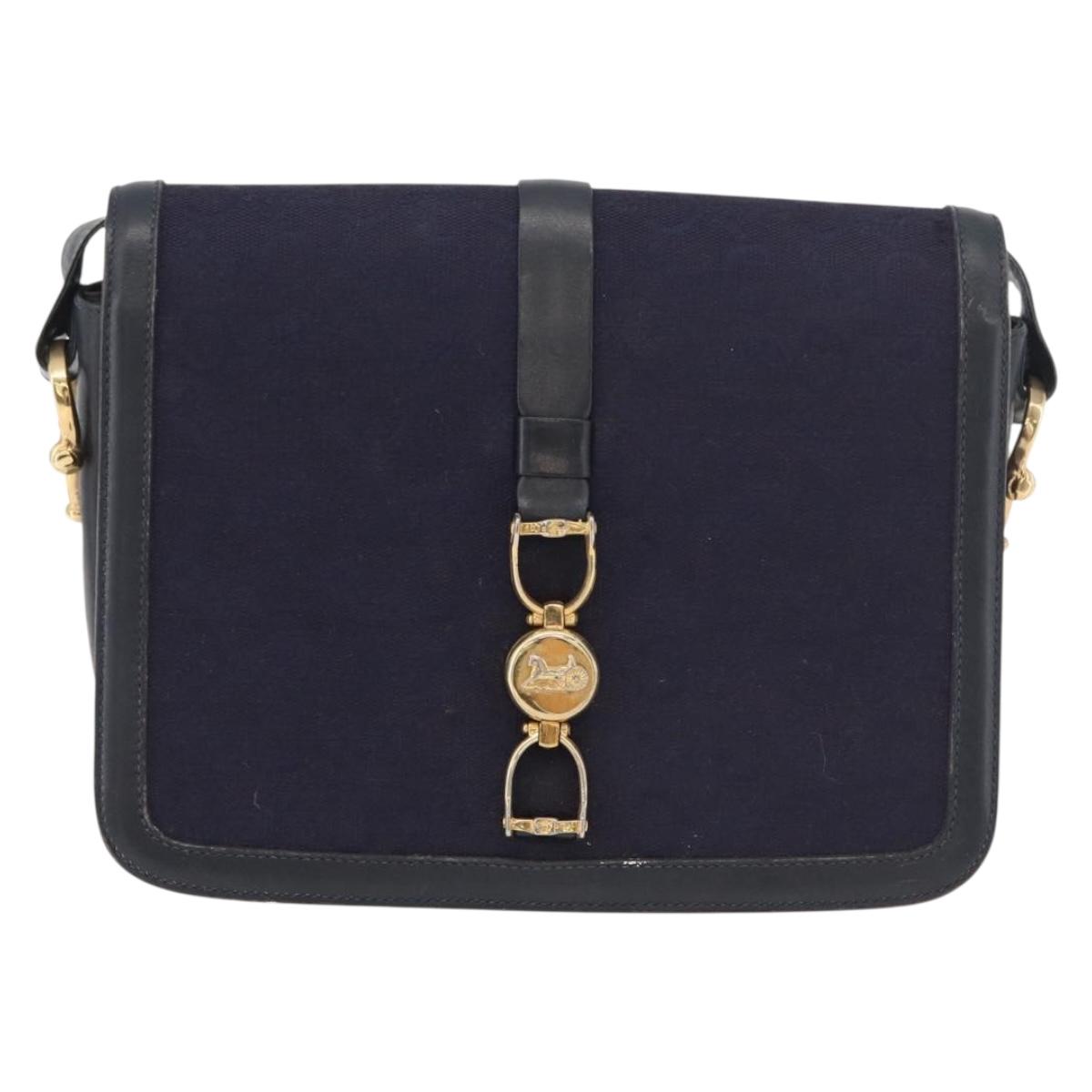 CELINE C Sulky Horse Carriage Shoulder Bag Canvas Navy Gold Auth ep14022