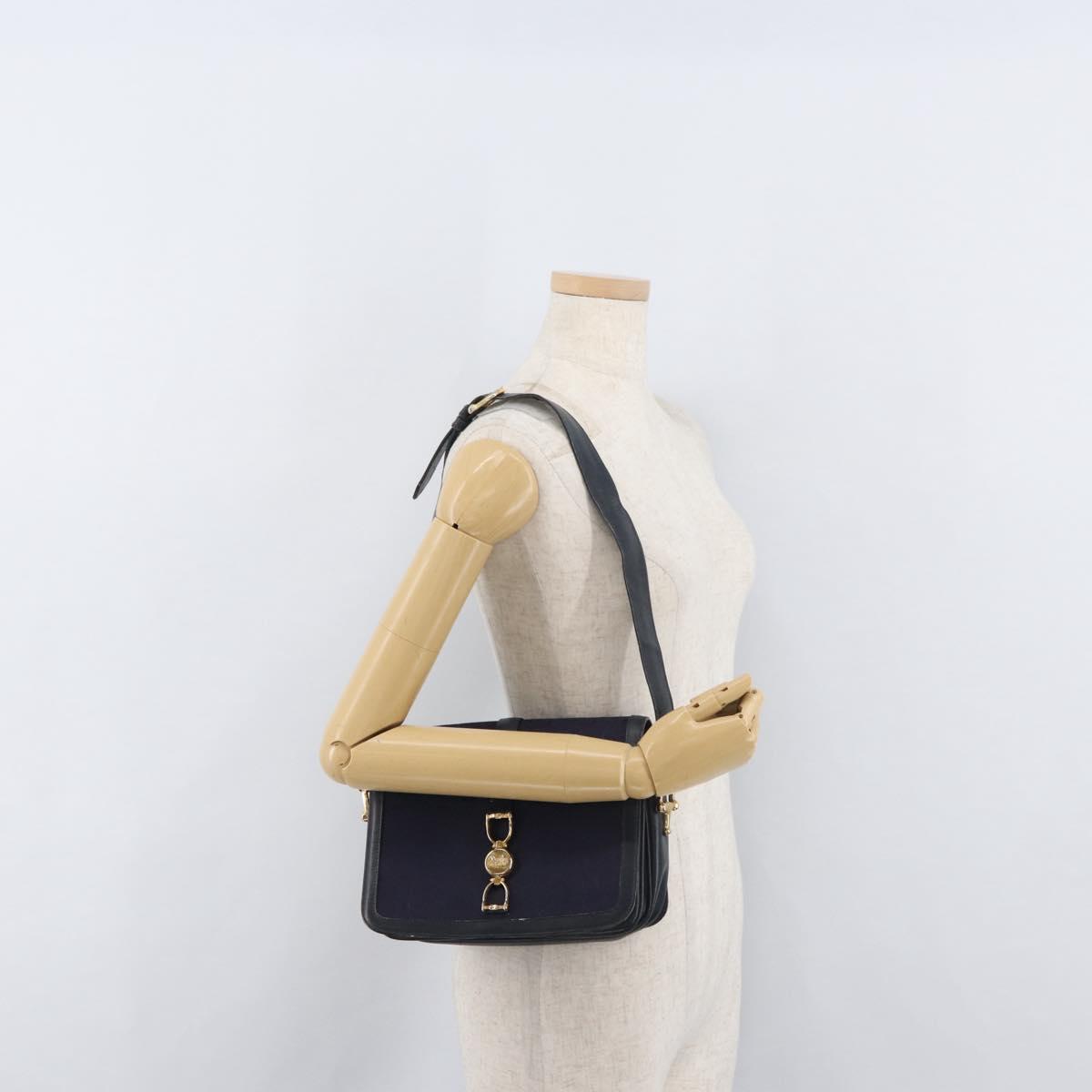CELINE C Sulky Horse Carriage Shoulder Bag Canvas Navy Gold Auth ep14022
