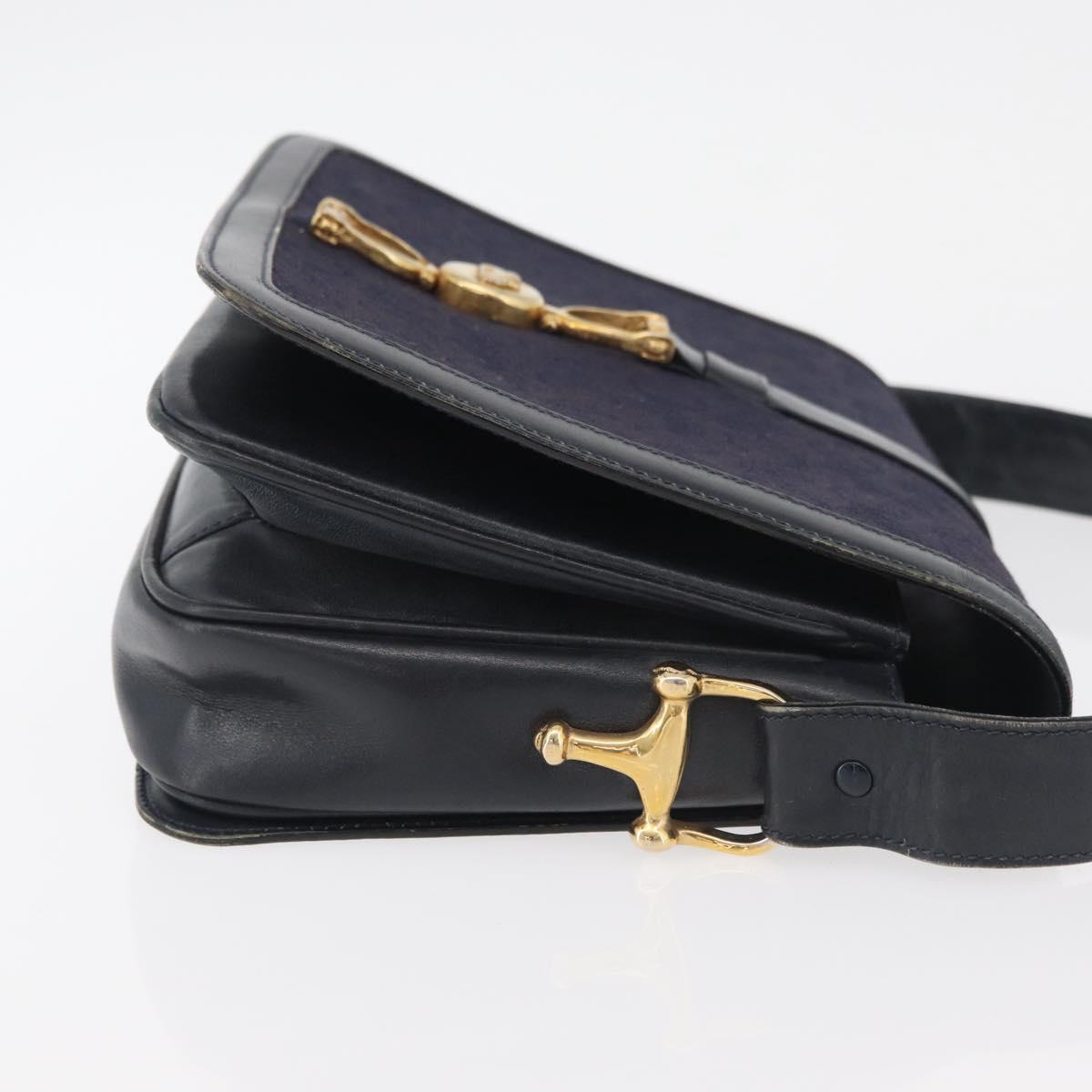 CELINE C Sulky Horse Carriage Shoulder Bag Canvas Navy Gold Auth ep14022