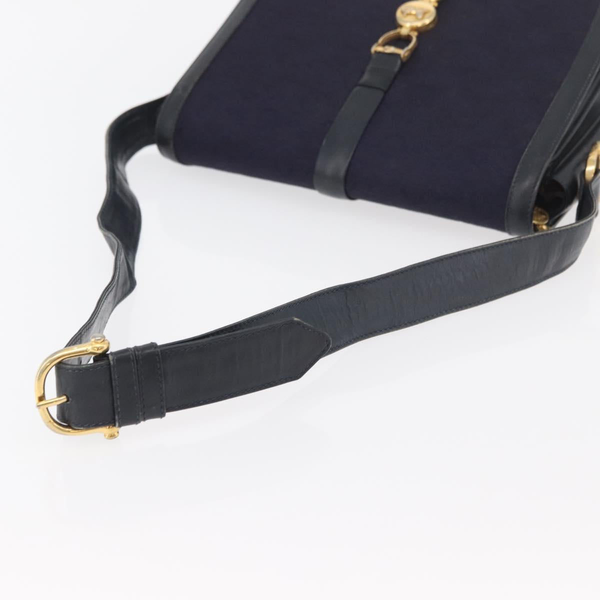 CELINE C Sulky Horse Carriage Shoulder Bag Canvas Navy Gold Auth ep14022