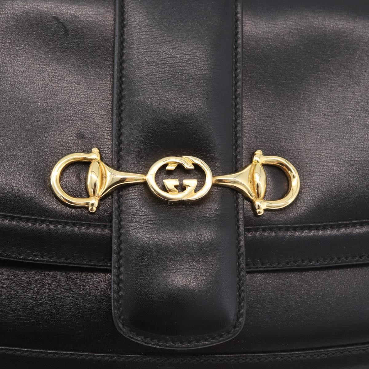 GUCCI Horsebit Shoulder Bag Leather Black Gold Auth ep14024