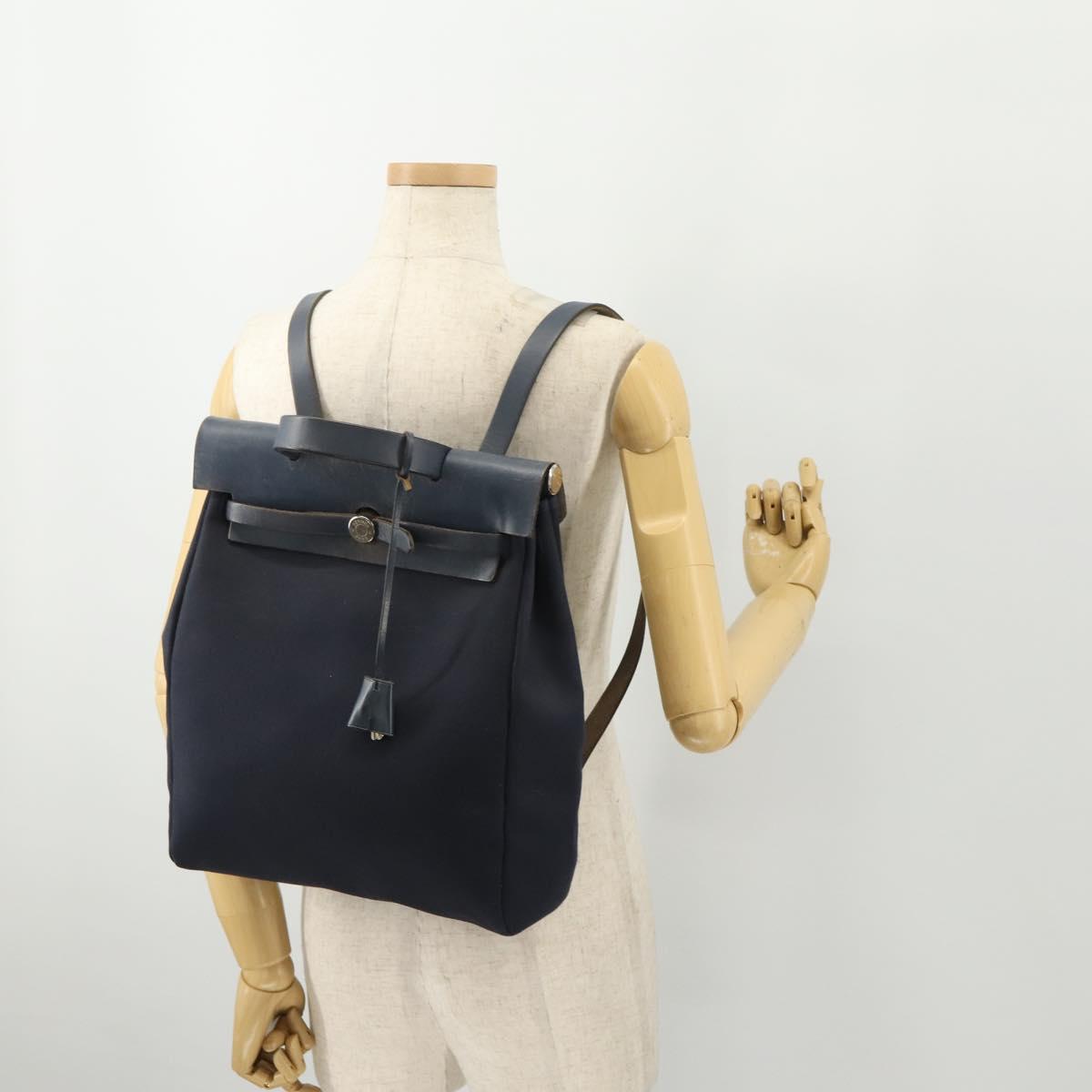 HERMES Her Line Herbag Ad Backpack Canvas Navy Silver Auth ep14037